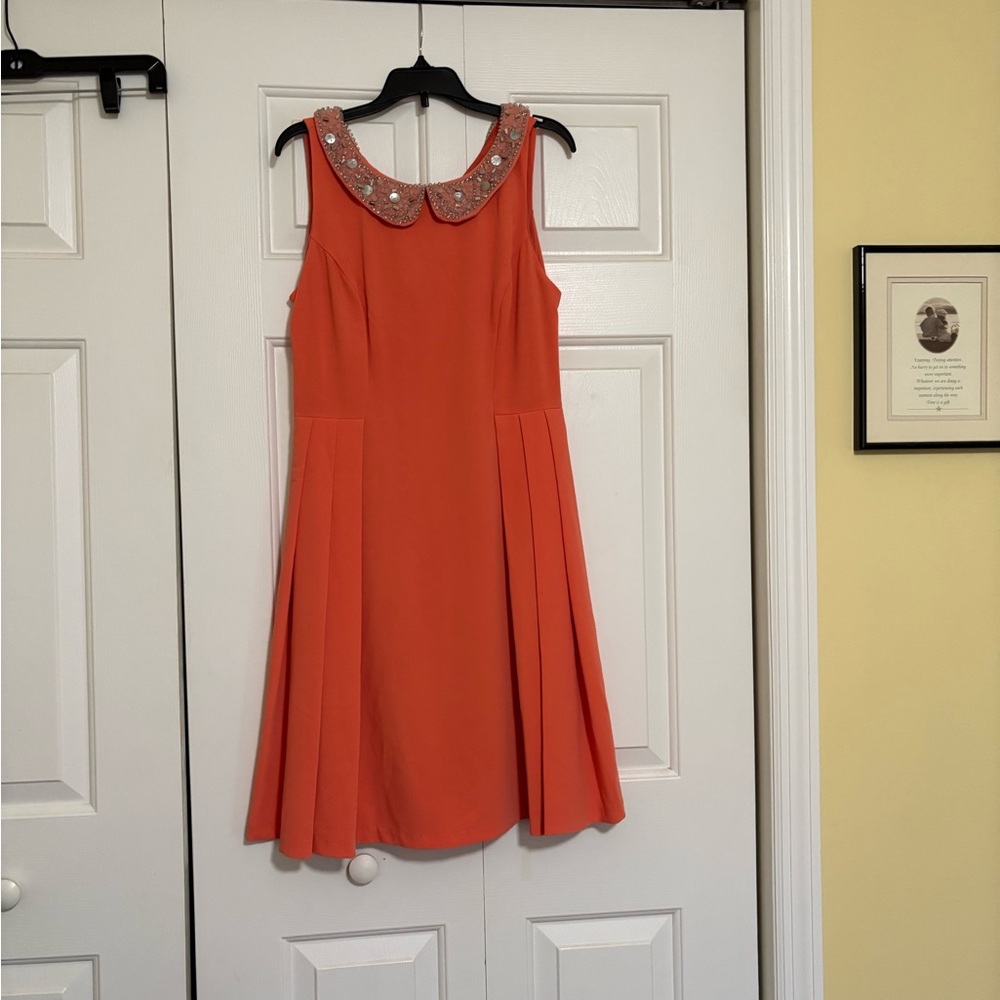 Eva Franco Coral Midi Dress with Decorative Collar